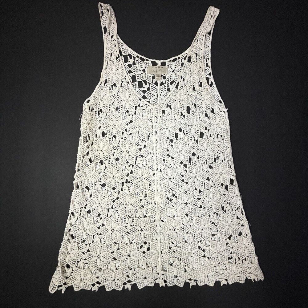 Zara Trafaluc Ivory Lace Crochet Tank Top‎ SMALL Open Knit Boho Festival EUC